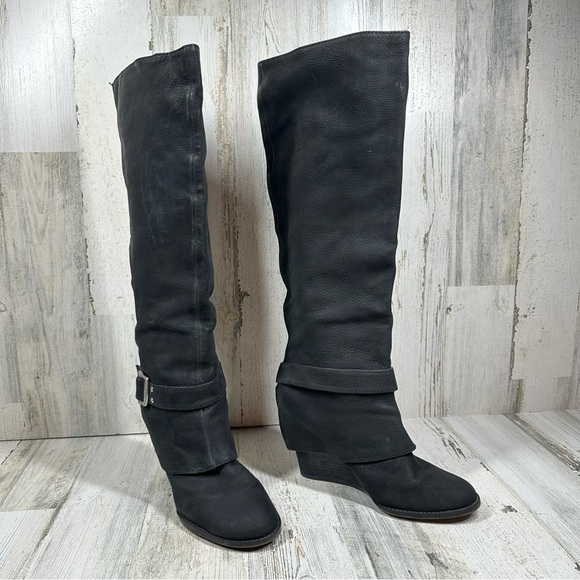 Vince Camuto Alician Leather Black Wedge Heels Buckle Knee High Boots #1299 - Picture 5 of 12